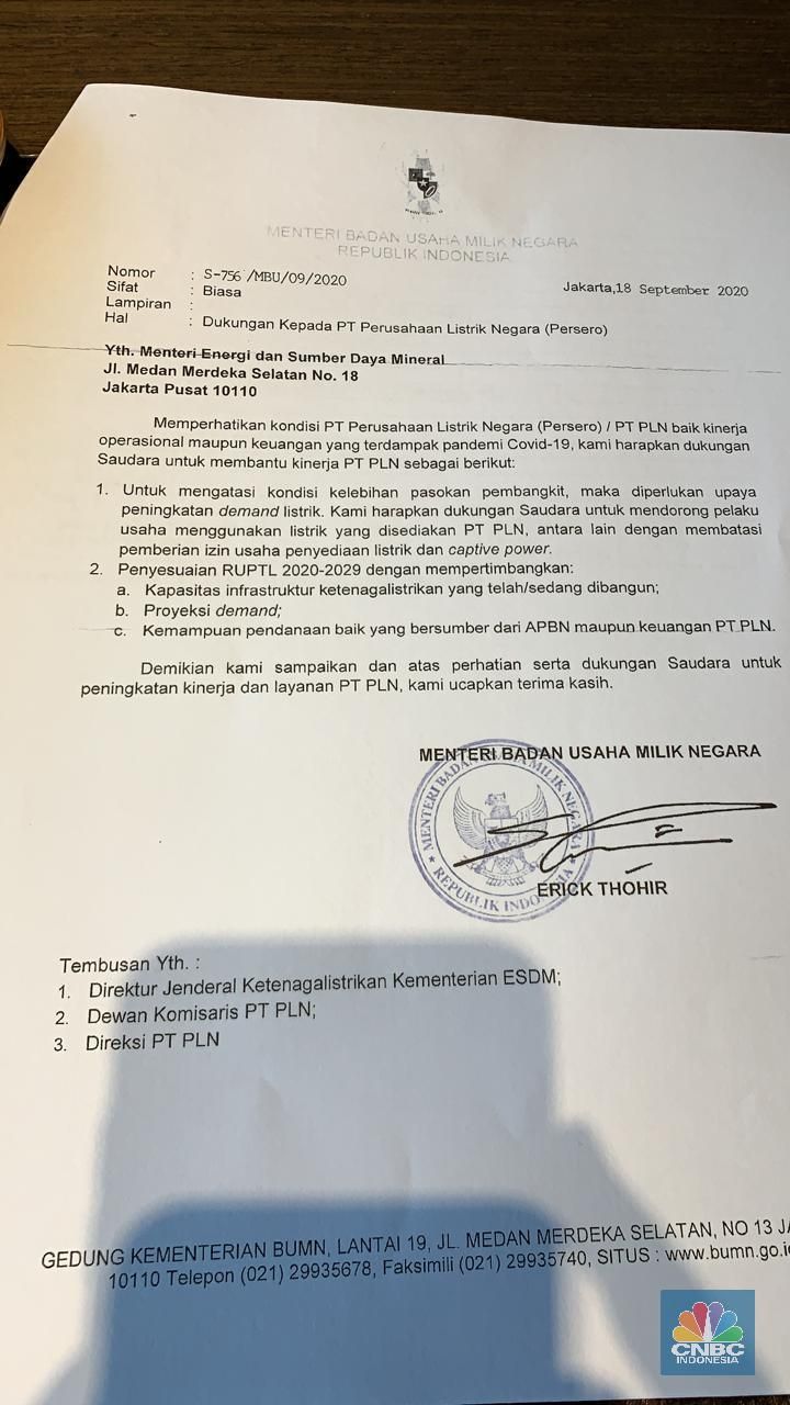 Ini Isi Surat Rahasia Erick ke Menteri ESDM Soal Kondisi PLN