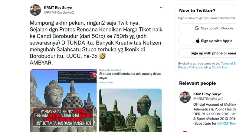 Roy Suryo Hapus Postingan Stupa Borobudur Mirip Jokowi