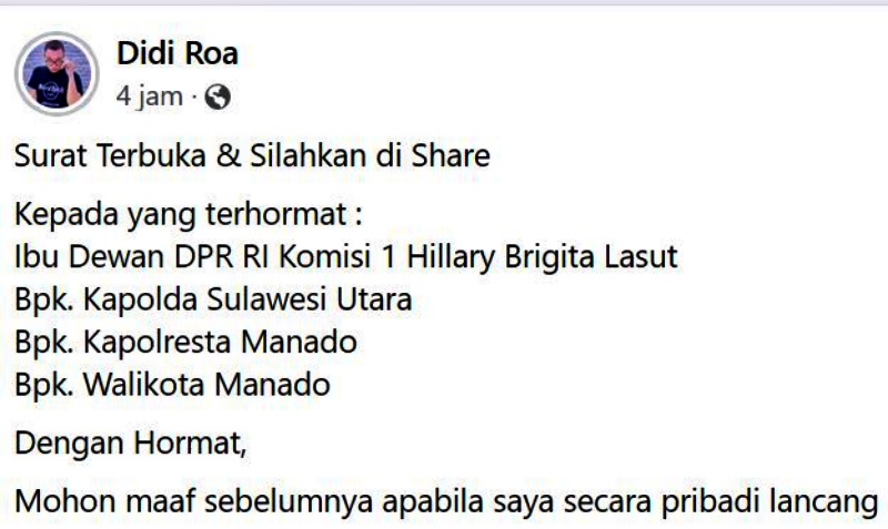 Manado Tak Aman Lagi, Didi Roa Tulis Surat Terbuka untuk Kapolda dan Walikota