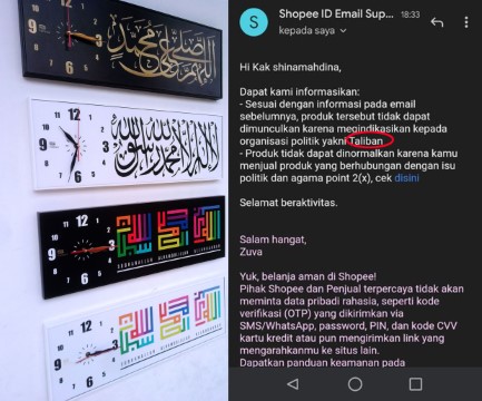 VIRAL! Shopee Larang Penjual Jam Dinding Kaligrafi Bertuliskan Kalimat Tauhid