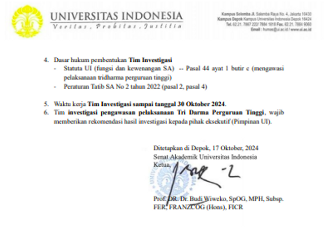 UI Bentuk Tim Investigasi, Audit Akademik Sekolah Kajian Stratejik Global