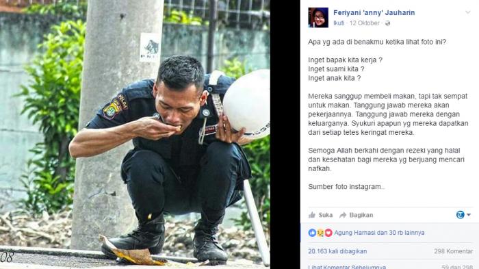 Pria Berseragam Petugas Keamanan Makan Sambil Jongkok, Netizen Terharu