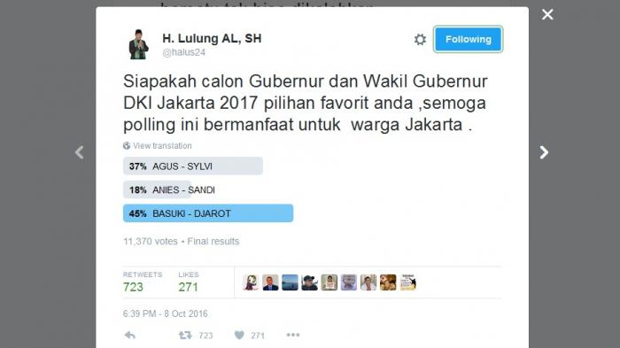 Haji Lulung bikin poling calon gubernur dan wakil gubernur DKI, apa hasilnya ??