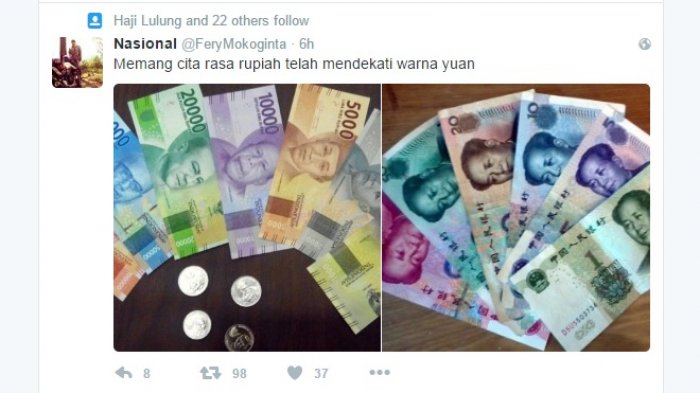 Ada yang Sebut Rupiah Mirip Yuan, Begini Reaksi Netizen
