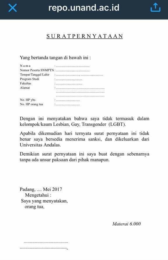 Surat pernyataan calon mahasiswa bebas LGBT di kampus ini tuai polemik