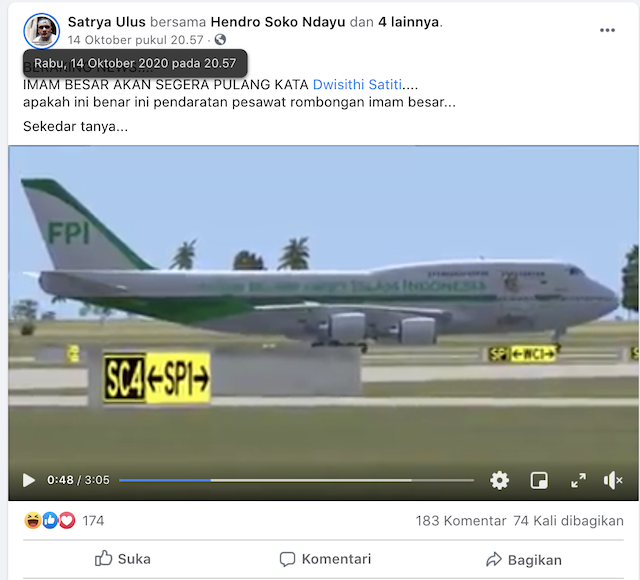 &#91;Cek Fakta&#93; Video Penampakan Pesawat Rizieq Shihab Tiba di Indonesia? Ini Faktanya