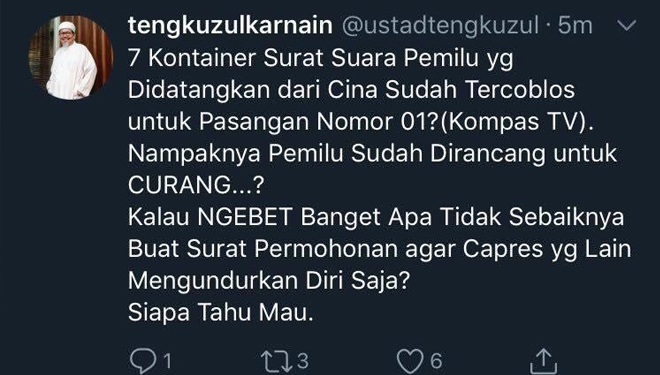 Sebarkan Hoaks 7 Kontainer Surat Suara, TKN Minta Polri Proses Tengku Zulkarnain