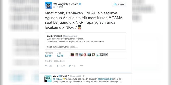 Twitter TNI AU jawab nyinyir netizen soal 'pahlawan' kafir