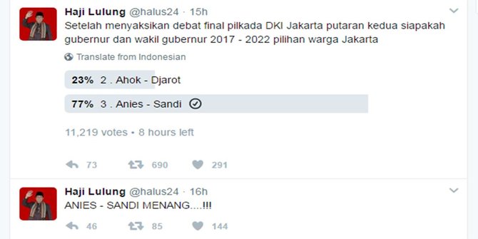 Haji Lulung gelar Polling Pilgub DKI, Anies MENANG 77 persen