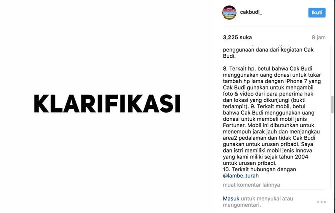 Klarifikasi Cak Budi soal beli iPhone7 dan Fortuner dari uang donasi