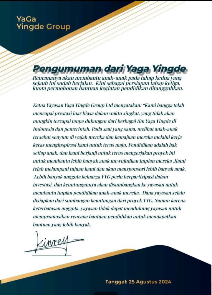 Polemik di Internal Yaga Yingde Group, Banyak yang Menduga Wajah Baru Skema Ponzi