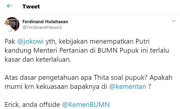 ferdinand-jokowi-penempatan-putri-mentan-terlalu-kasar-dan-erick-anda-offside