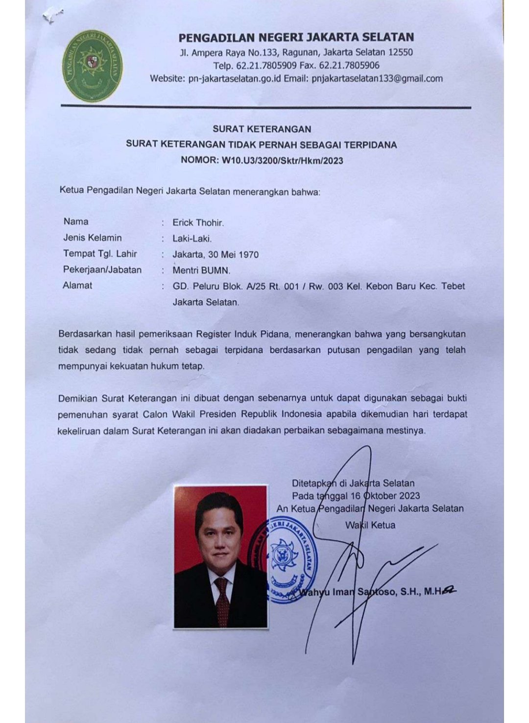 Beredar Surat Resmi PN Jaksel Nyatakan Erick Thohir Penuhi Syarat Cawapres