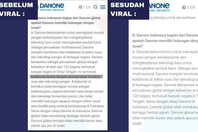 Danone Indonesia Diduga Hapus Informasi Kerja Sama dengan Israel dari Situs Resmi