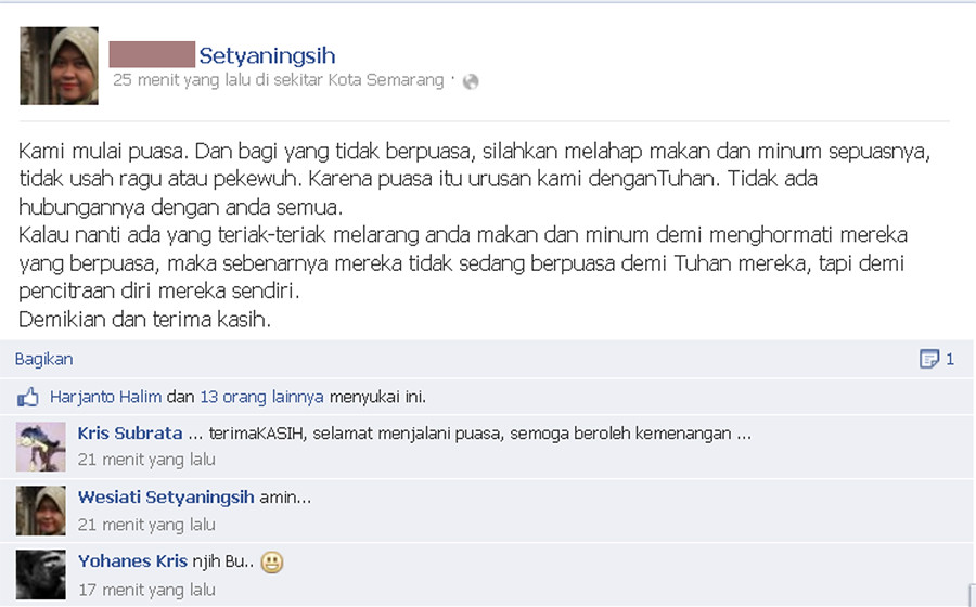 Ini pernyataan dari Saudari Sebangsa yang ane SUKA soal puasa.