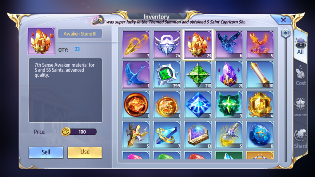 Panduan Dasar Game Saint Seiya: Awakening Mobile (Saint) : Bahan Upgrade Saint?