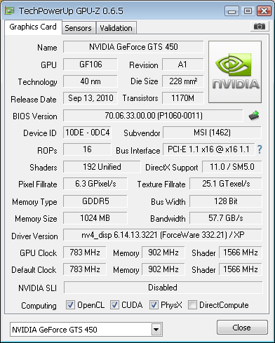 MSI GTS 450 Cyclone 1GB GDDR5