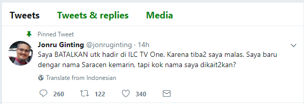 Dituding Terlibat Seracen, Jonru Ginting Bersumpah dan Batalkan Hadir di ILC