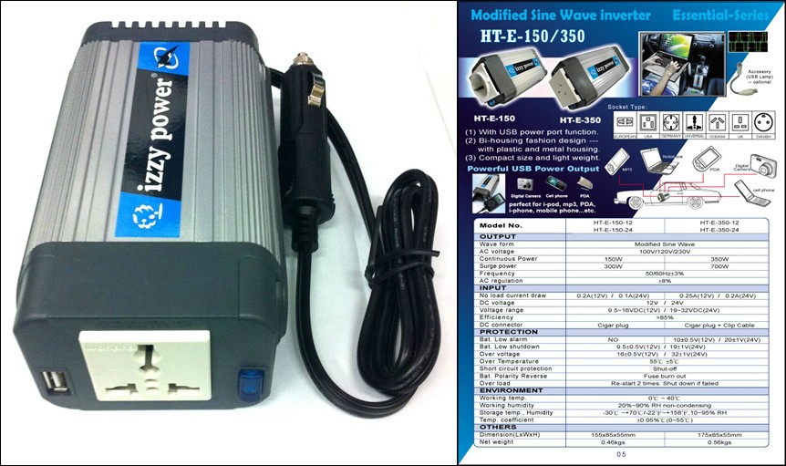 Izzy car inverter charger mobil converter AC to DC E-350-12 volt 24 volt 150 watt