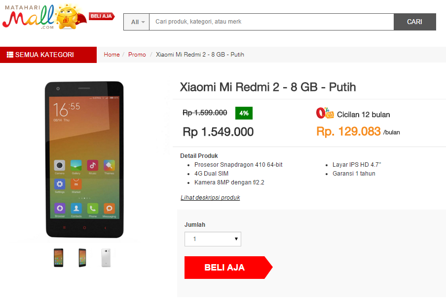 Xiaomi Mi Redmi 2 - 8 GB - Putih : Temukan penawaran terbaik di sini!