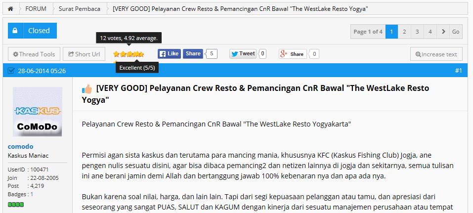 &#91;VERY GOOD&#93; Pelayanan Crew Resto &amp; Pemancingan CnR &quot;The WestLake Resto Yogyakarta&quot;