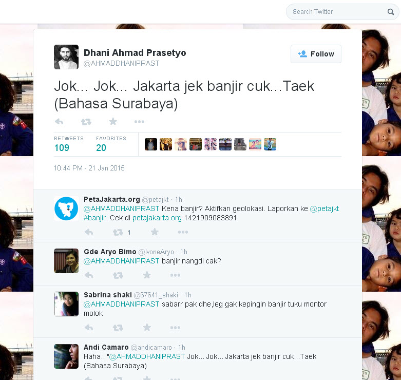 Twitter Ahmad Dhani : Jok, Jakarta jek banjir, cuk!