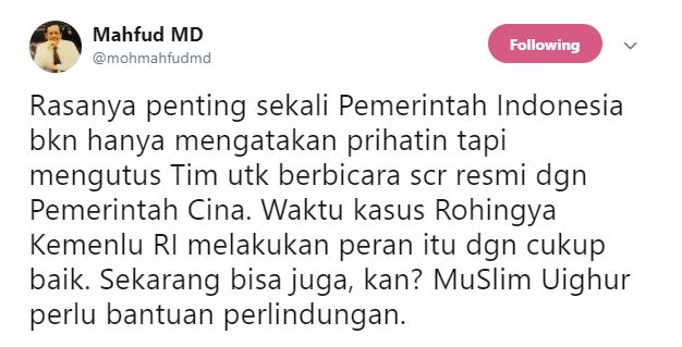 Terkait Muslim Uighur, Mahfud MD Minta Pemerintah Tak Hanya Prihatin