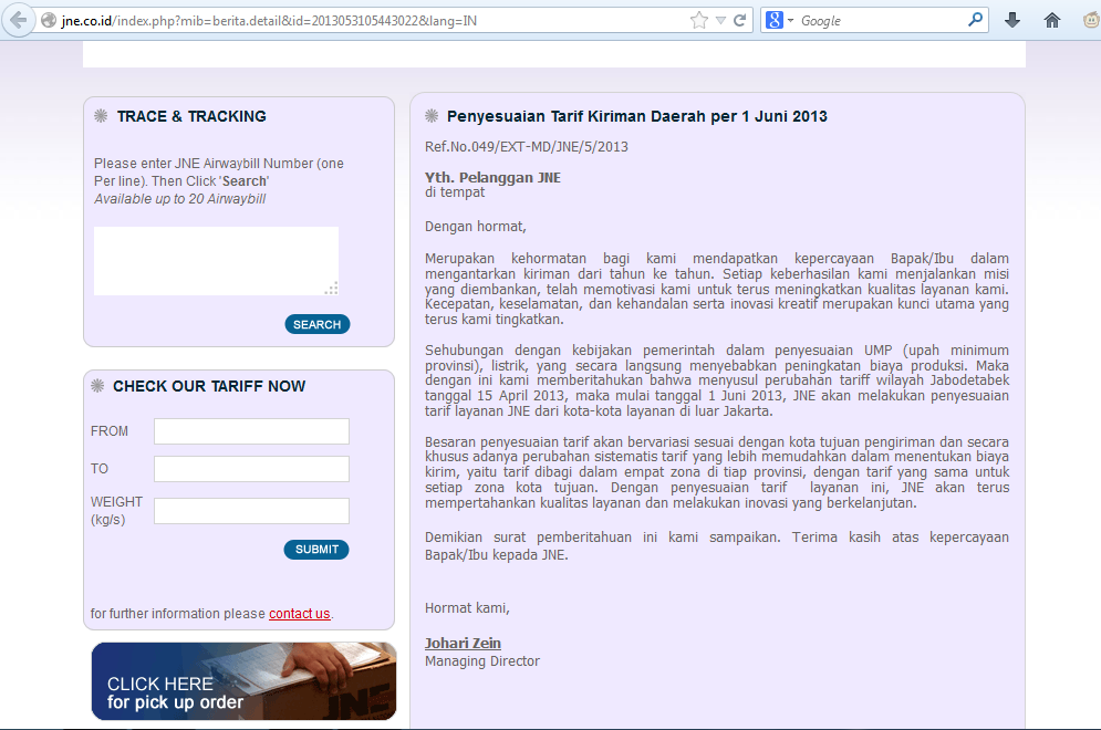 Tarif JNE Naik per 1 Juni 2013