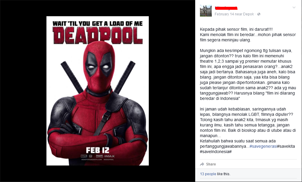 Film Deadpool Tidak Layak Tayang di Indonesia Benarkah ?