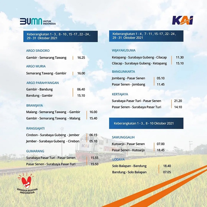 Jadwal Perjalanan Kereta Api Bulan Oktober 2021, KA Tegal Ekspres Belum Beroperasi
