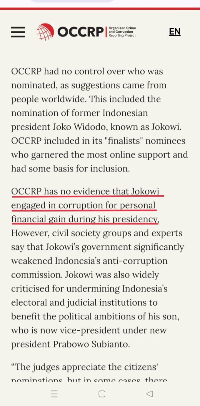 OCCRP Mengklarifikasi Soal Nama Jokowi Masuk Dalam Daftar Tokoh Terkorup 2024
