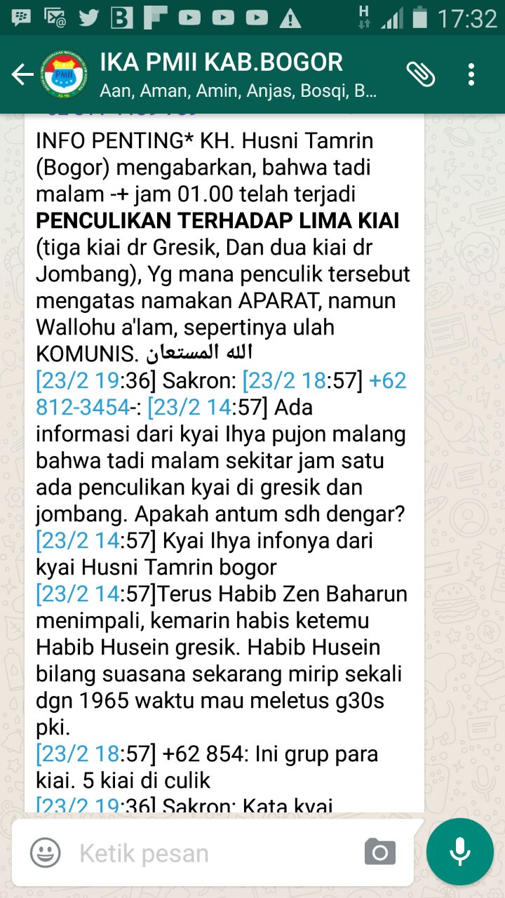 Isu Penculikan 5 Kiai Beredar di Grup-grup Whatsapp