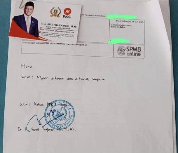 Viral Memo Wakil Ketua DPRD Banten Titip Siswa di SMA Negeri pada SPMB