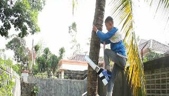 Dua orang siswa yang masih duduk di bangku SD menemukan alat pemanjat pohon kelapa ya