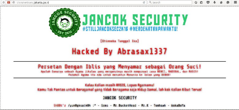 Situs Disnakertrans DKI Dibajak: Kalau Masih Rasis, Lepas Agamamu!