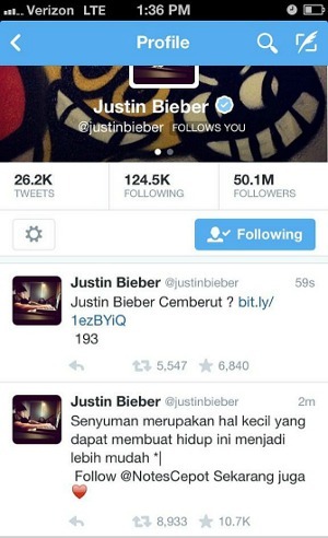 Akun Twitter Justin Bieber Dibobol Orang Indonesia