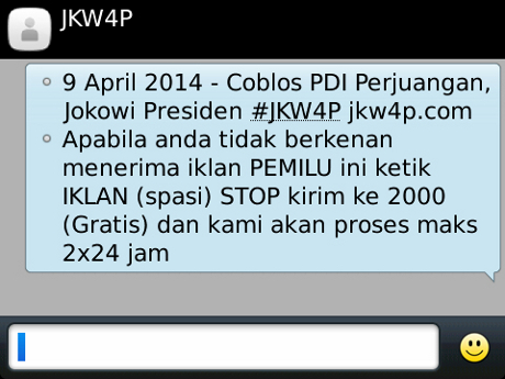 Beredar SMS JKW4P Berisi Ajakan Coblos PDIP dan Menangkan Jokowi