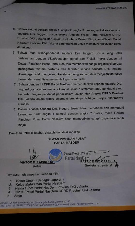 &#91;Ciut&#93; Ini Surat Peringatan NasDem untuk Kadernya yang Mbalelo Tak Cabut Angket Ahok