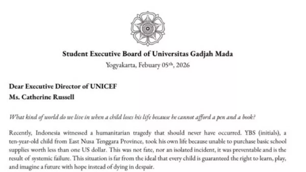 BEM UGM Surati UNICEF soal Anak SD di NTT Bunuh Diri: Negara Gagal dan Presiden Bodoh