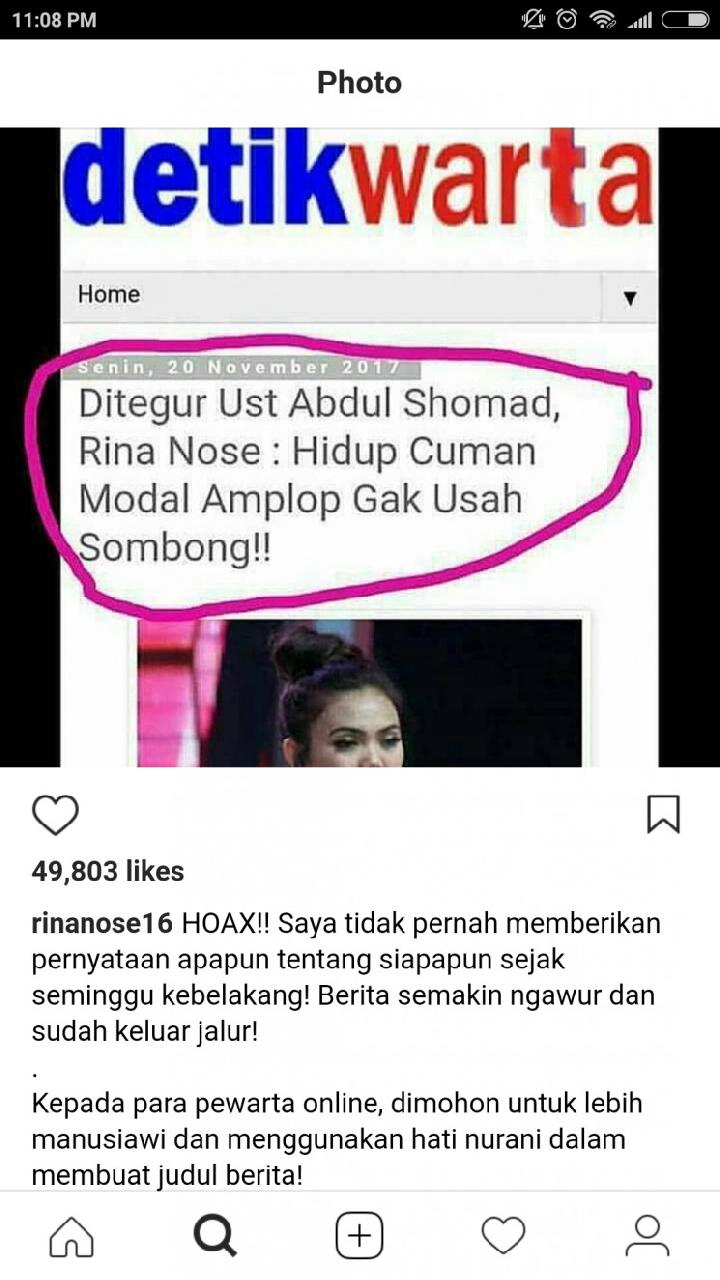 Bantah Komentari Abdul Shomad, Rina Nose: Berita Semakin Ngawur