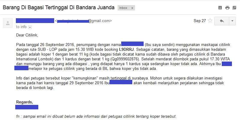 PENANGANAN BAGASI HILANG MASKAPAI CITILINK MENGECEWAKAN (KEEP UPDATE)