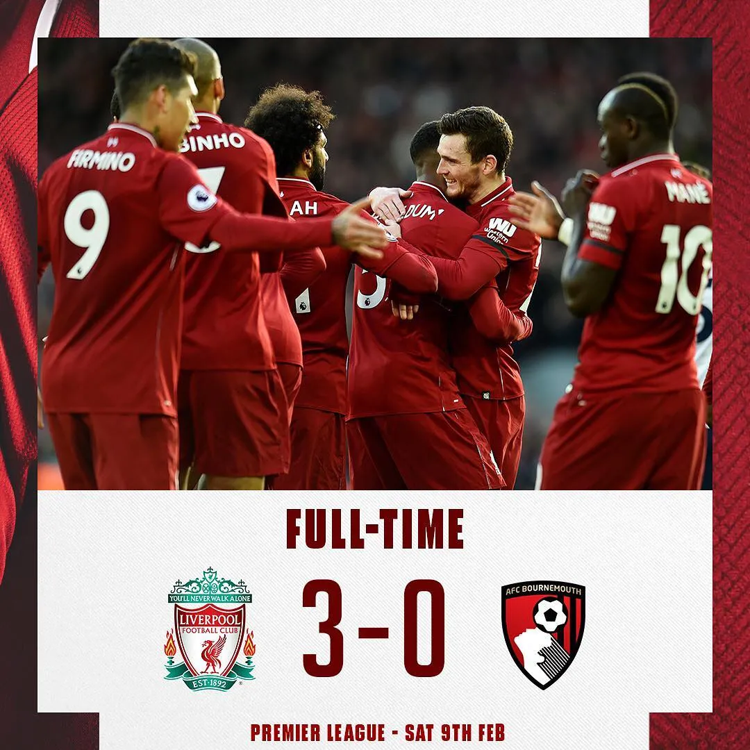 Liverpool 3-0 Bournemouth, Kejar-kejaran Di EPL Masih Berlangsung Seru