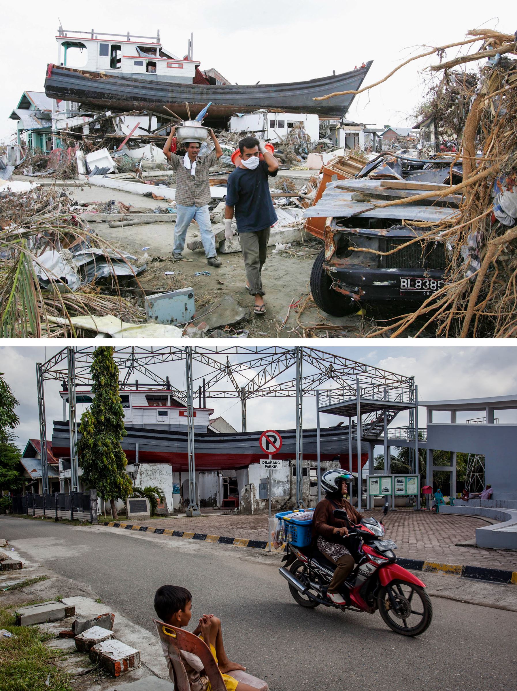 Foto Beberapa Saat Sesudah Tsunami Aceh dan 10 Tahun Sesudahnya