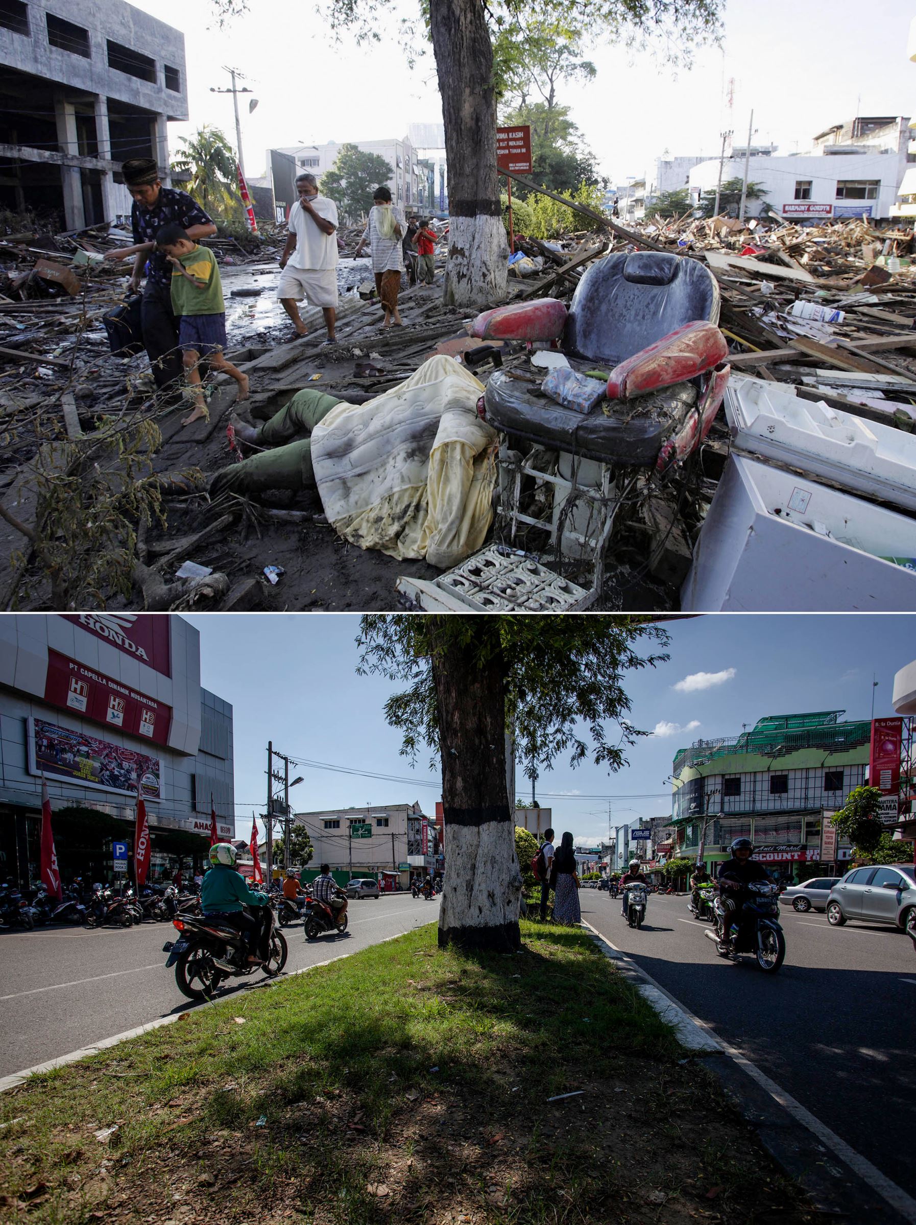 Foto Beberapa Saat Sesudah Tsunami Aceh dan 10 Tahun Sesudahnya