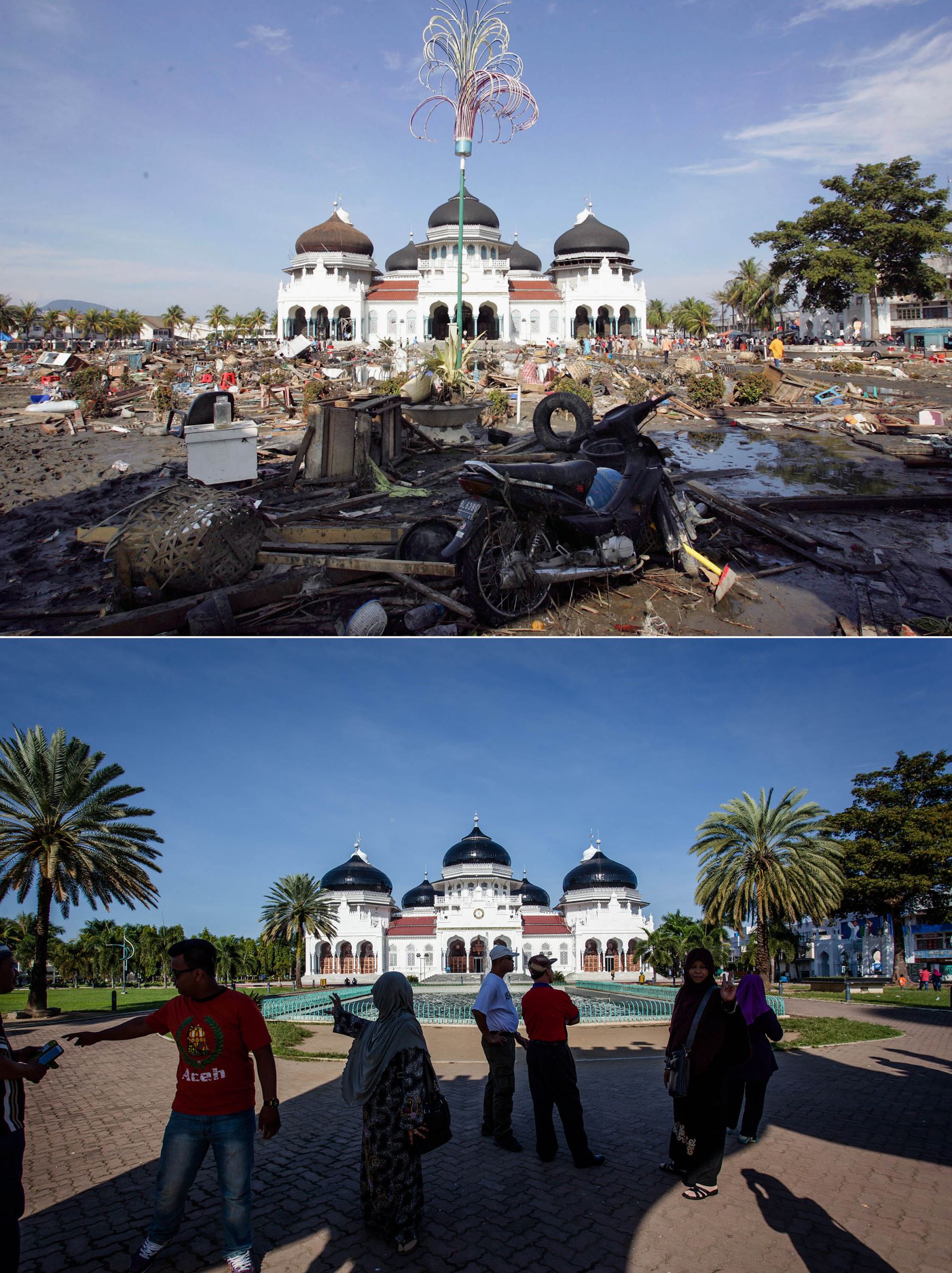 Foto Beberapa Saat Sesudah Tsunami Aceh dan 10 Tahun Sesudahnya