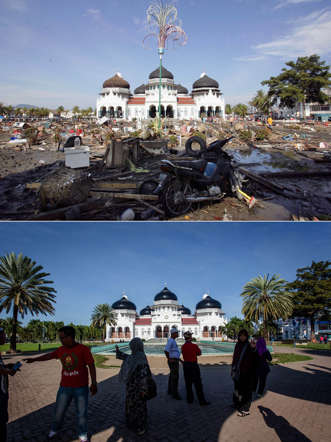Foto Beberapa Saat Sesudah Tsunami Aceh dan 10 Tahun Sesudahnya