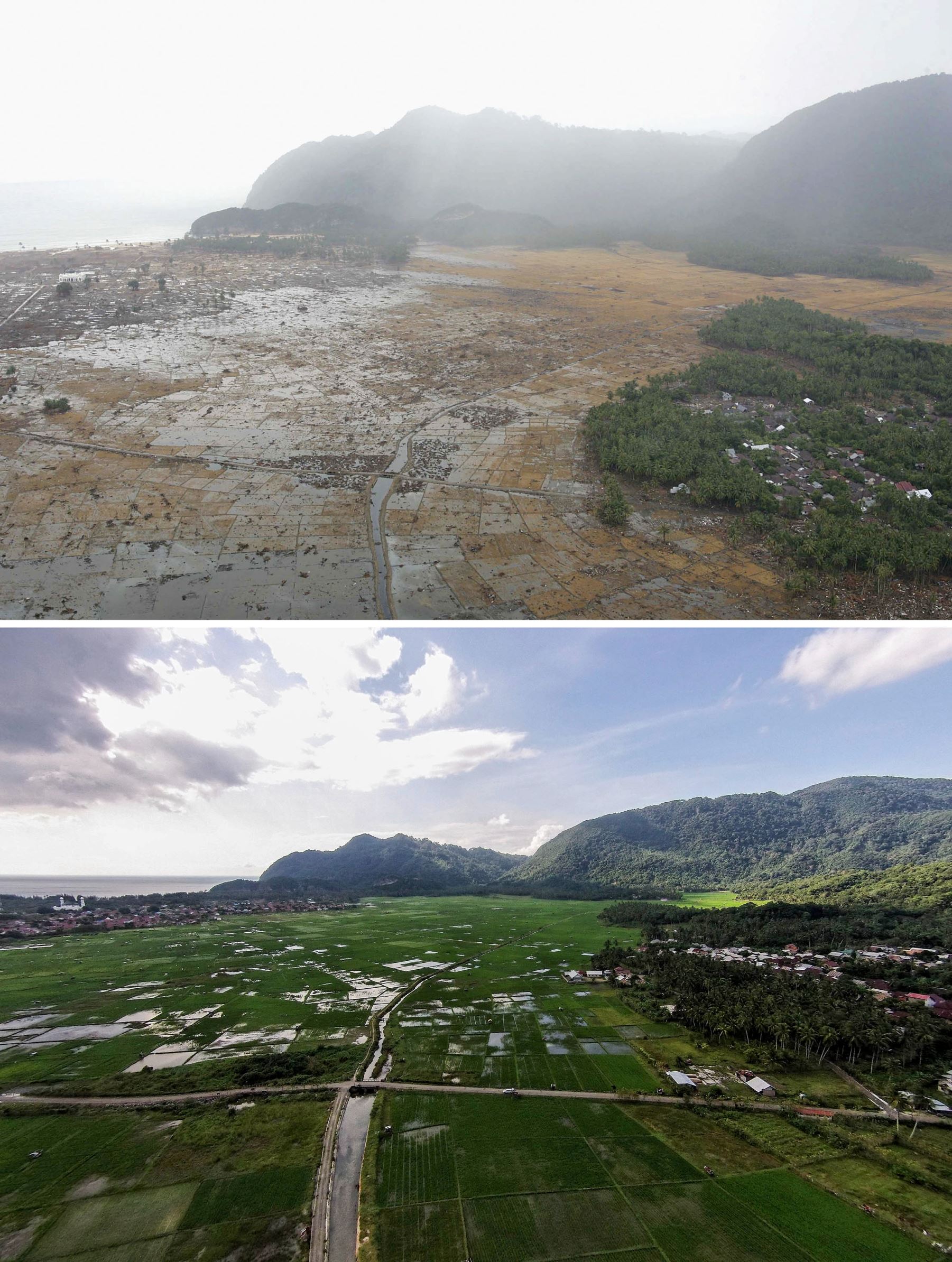 Foto Beberapa Saat Sesudah Tsunami Aceh dan 10 Tahun Sesudahnya