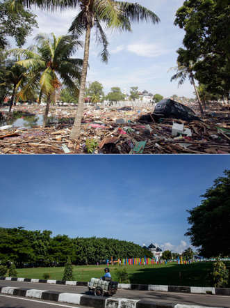 Foto Beberapa Saat Sesudah Tsunami Aceh dan 10 Tahun Sesudahnya