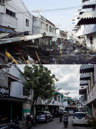 Foto Beberapa Saat Sesudah Tsunami Aceh dan 10 Tahun Sesudahnya