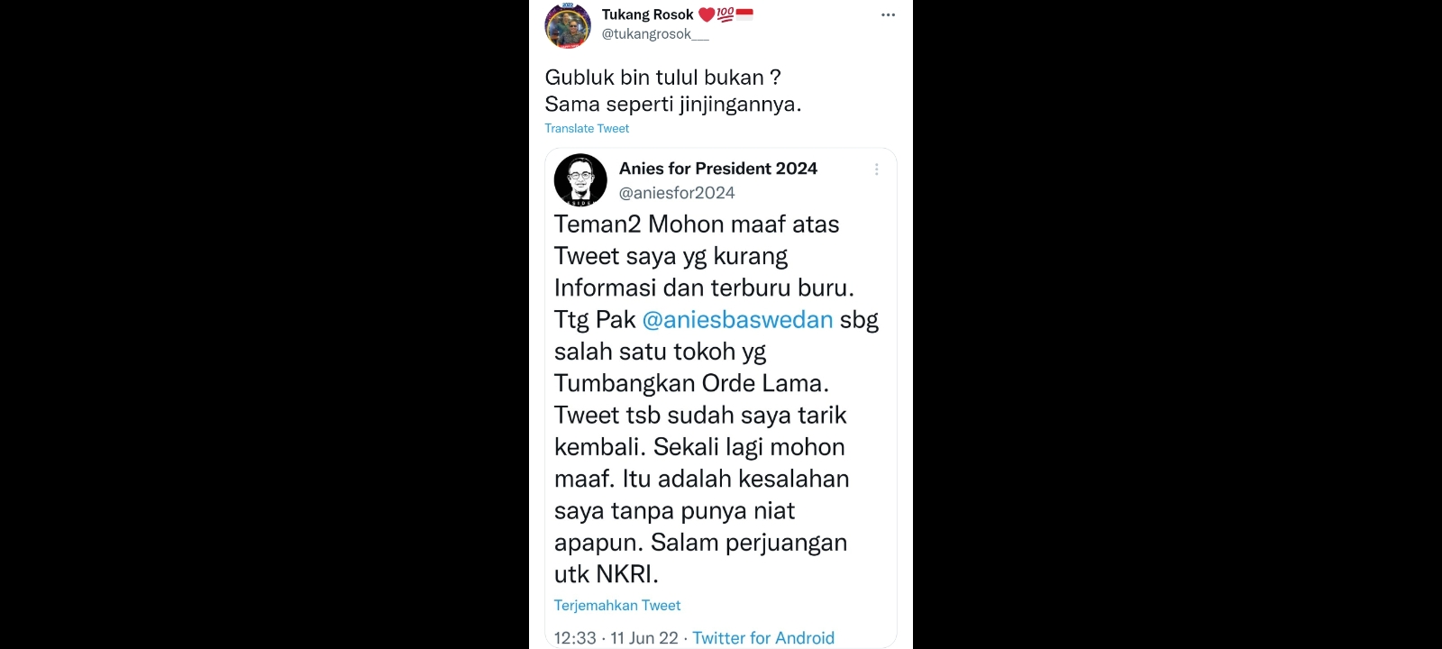 Sebut Anies Tokoh yang Tumbangkan Orde Lama, Relawan Anies Minta Maaf